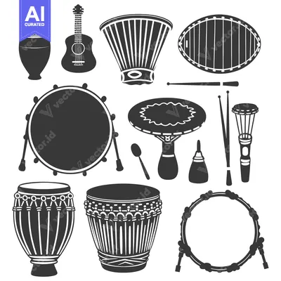 Premium design asset: Collection of Various Percussion Instruments and a Guitar