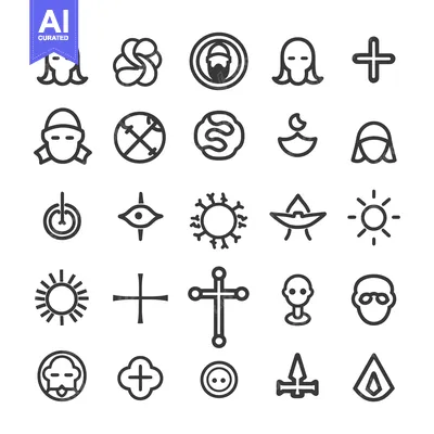 Aset desain premium: Collection of Various Religious and Spiritual Symbols in Line Art Styl