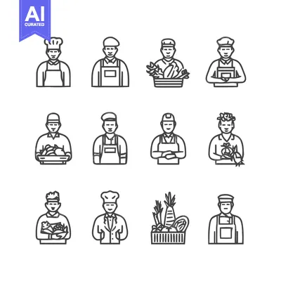 Aset premium populer: Chef and farmer icons - Culinary and agricultural professionals.