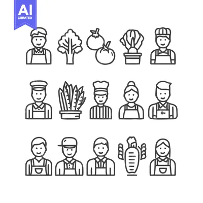 Aset desain premium: Farmers and Vegetables - A Collection of Line Art Icons.