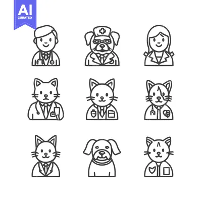 Aset premium populer: Veterinary Clinic Icons - Diverse Line Art Portraits of Professionals