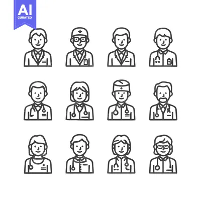 Popular premium asset: Medical Professionals - Diverse Line Art Portraits for Healthcare.