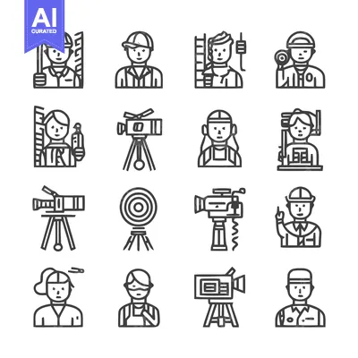 Aset premium populer: Collection of construction workers and surveying equipment icons.