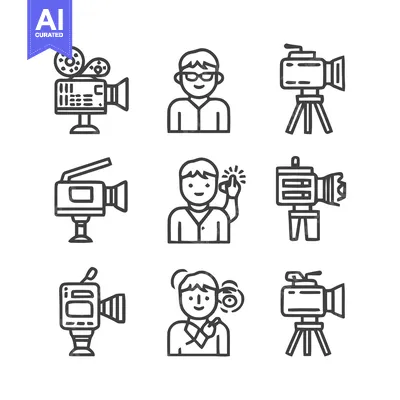 Film and video production equipment and people icons set.