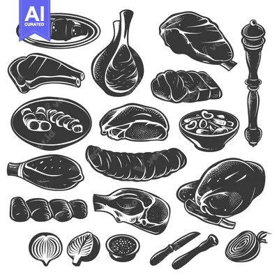 Aset premium populer: Collection of Vintage Black and White Butcher Shop Meat Cuts and Ingre