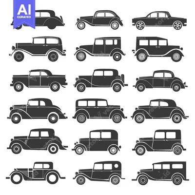 Aset desain premium: Collection of Vintage Car Silhouettes in Black and White