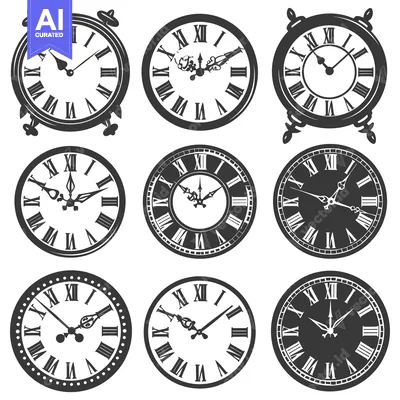 Aset desain premium: Collection of Vintage Clock Faces with Roman Numerals and Ornate Hands