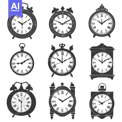 Premium design asset: Collection of Vintage Clock Silhouettes with Roman Numerals