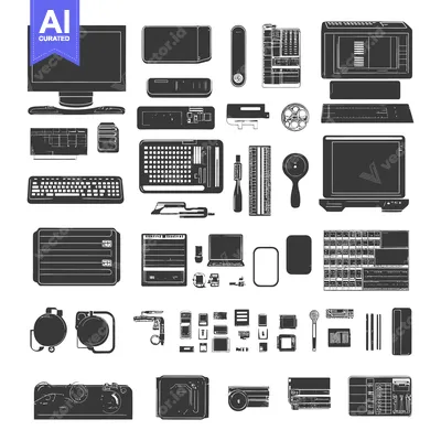 Collection of vintage computer hardware and peripherals