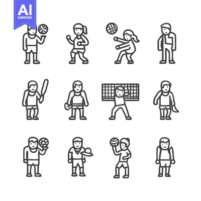 Aset desain premium: Sports Icons - Diverse Athletes in Action, Line Art.