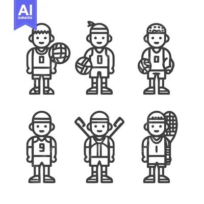 Aset premium populer: Sports Icons - Diverse Athletes in Action, Line Art Style.