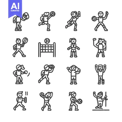Premium design asset: Sports Icons - Diverse Athletes in Action, Line Art Style.