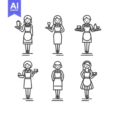 Aset desain premium: Waitresses in Outlines - A Collection of Restaurant Service Illustrati