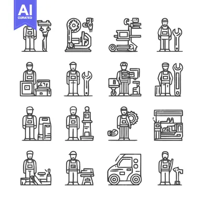 Aset desain premium: Mechanic and industrial worker icons set for various projects.