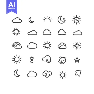 Aset desain premium: Collection of Weather Icons Including Sun, Moon, and Cloud