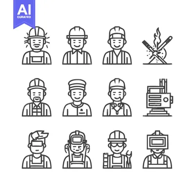 Aset desain premium: Diverse Line Art Illustrations of Construction Workers and Tools.