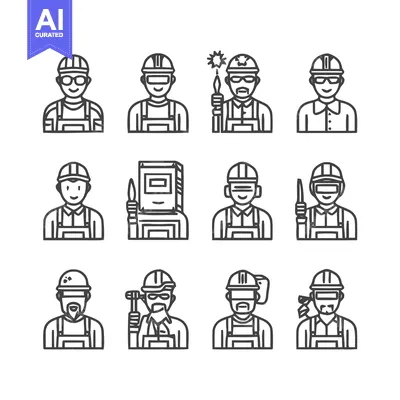 Aset desain premium: Diverse Construction Workers - A Collection of Line Art Icons.
