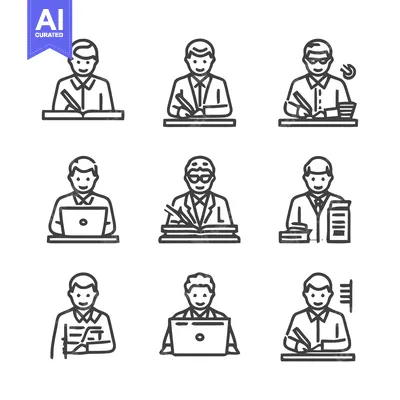 Premium design asset: People working on desks with pens and laptops.