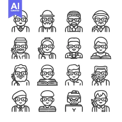 Aset desain premium: Diverse Collection of Illustrated People with Glasses in Various Style