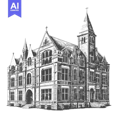 Aset premium populer: An illustration of a grand old brick building