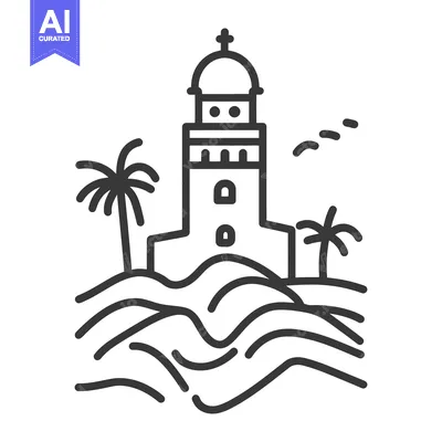 Aset desain premium: An illustrated black and white image of a coastal lighthouse scene
