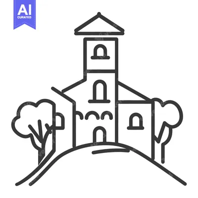 Aset desain premium: A stylized black and white drawing of a church building on a hill