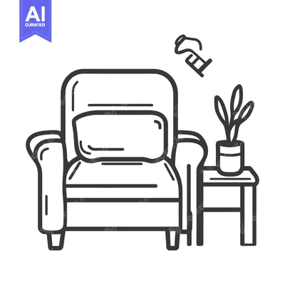 Simple line drawing of an armchair and potted plant