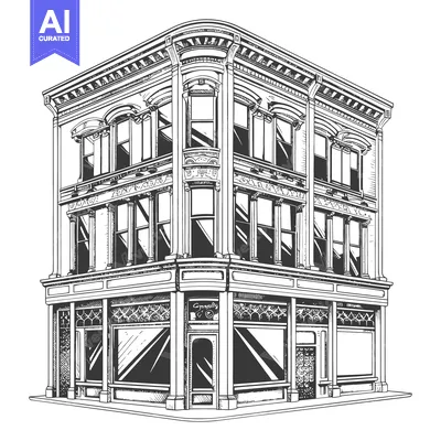 Aset desain premium: Elegant Corner Building Architectural Sketch Drawing