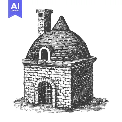Aset desain premium: Stone Brick Oven Building With Chimney And Door