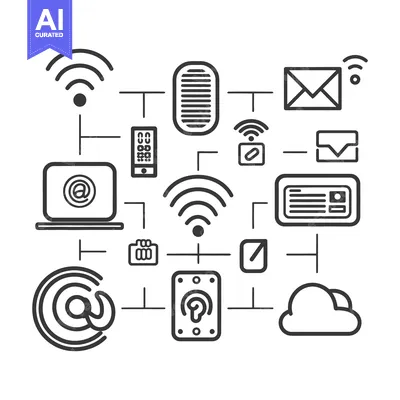 Aset desain premium: Simple outline illustration depicts network information connections an