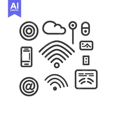 Aset desain premium: Simple black outline illustrations depicting various technology relate