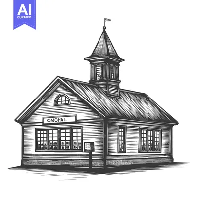 Aset desain premium: A Wood Framed Building With A Steeple And Sign