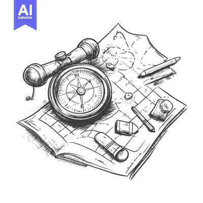 Aset premium populer: Compass and Map with Pencils, a Sketch of Exploration Tools