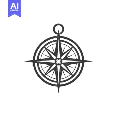 Aset premium populer: A monochrome illustration showcasing a navigational compass on white b
