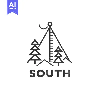 Premium design asset: Compass with mountains and trees pointing south