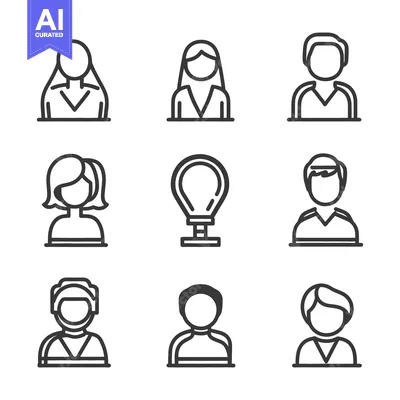 Aset desain premium: Simple black line icons depicting different stylized human portraits