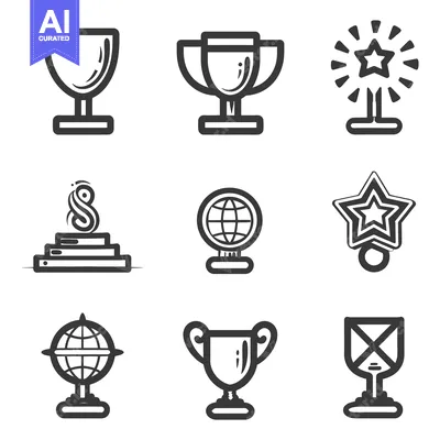 Aset premium populer: Various graphical icons representing awards and achievements in differ