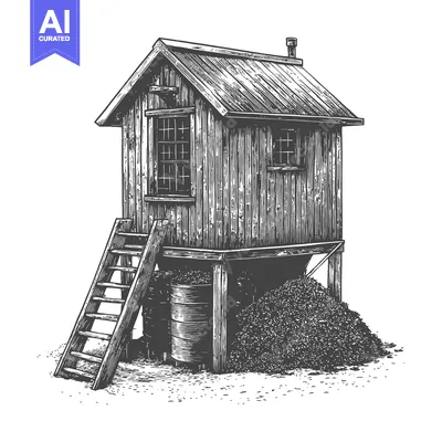Premium design asset: Elevated Wooden Shack with Ladder and Pile of Material