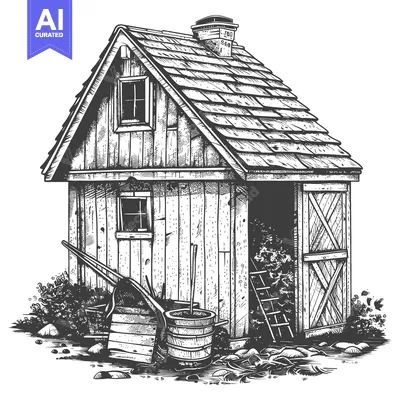 Aset desain premium: Rustic Wooden Shed with Gardening Tools and Barrels