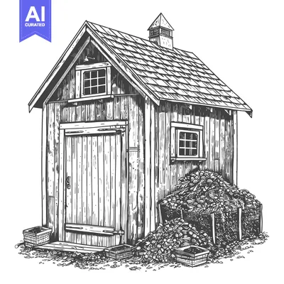 Aset desain premium: Rustic Wooden Storage Shed With Harvested Produce