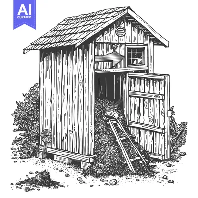 Premium design asset: Rustic Wooden Shed Filled With Compost And Tools