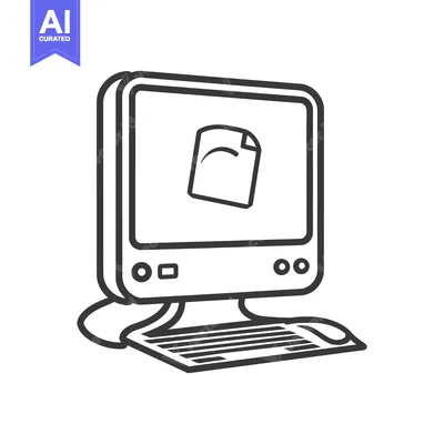 Aset desain premium: A black and white illustration of a desktop computer monitor