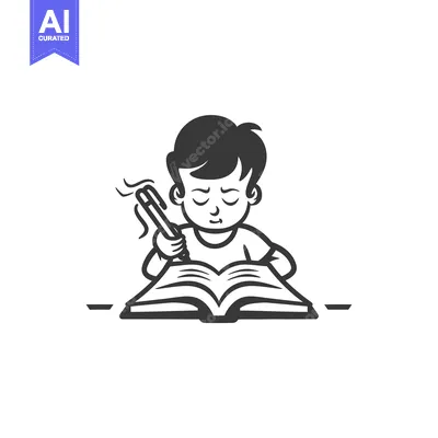Aset desain premium: Concentrated Boy Studying with Open Book and Pen