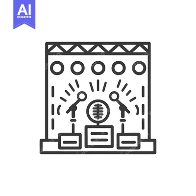 Aset premium populer: A simple black and white illustration depicting a stage with microphon