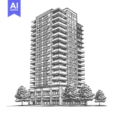 Aset desain premium: Modern Apartment Building Sketch with Trees