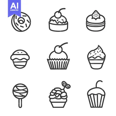 Aset premium populer: Various delicious desserts and baked goods in simple outline form