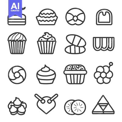 Aset premium populer: Sixteen Different Icons Representing Various Forms of Desserts and Tre