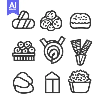Aset premium populer: Simplified black and white icons representing different types of food