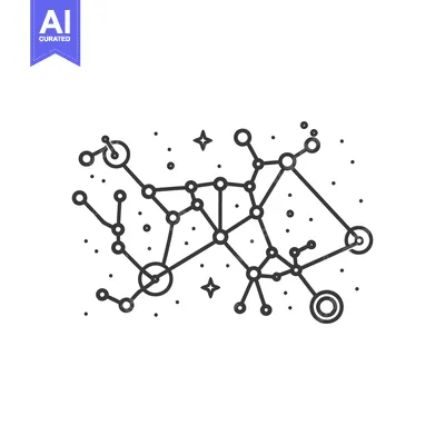 Aset desain premium: A black and white illustration depicting interconnected celestial cons
