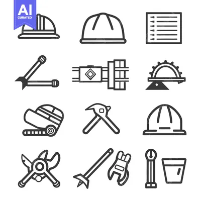 Aset desain premium: Different construction tools and safety equipment are represented in i